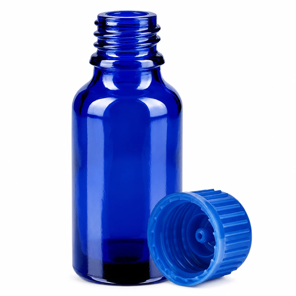 20ml pullo 11mm kierrekorkki sininen Standard BlueLine UT18/20 Standard BlueLine UT18/20 Pieni 20ml laboratoriopullo sinisestä lasista, jossa on lapsiturvallinen korkki aromaterapiaa varten.