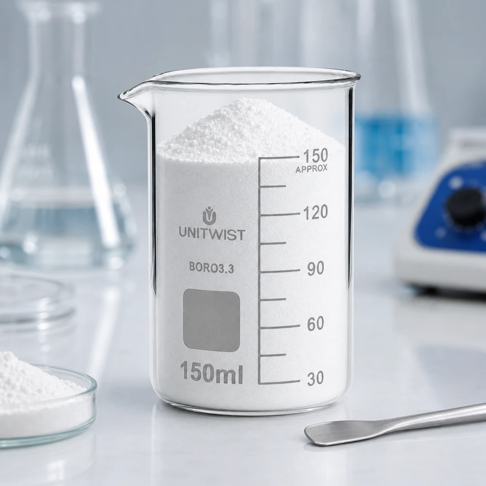 Juomalasi 150ml borosilikaatti, korkea muoto UNiTWIST UNITWIST-lasimuki, 150 ml, korkea malli, borosilikaattia, täytetty valkoisella jauheella laboratoriopöydällä