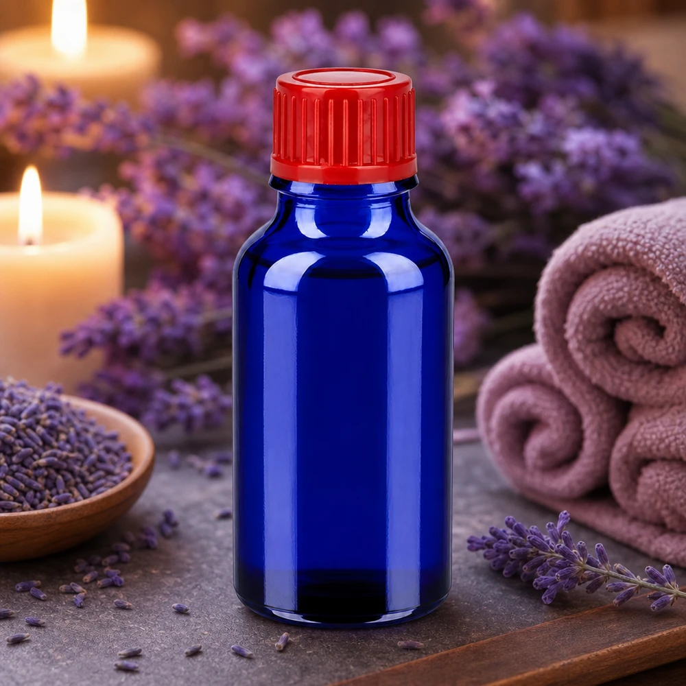 Pieni sininen apteekkipullo 20ml punaisella tippakorkilla eteerisiä öljyjä ja aromaterapiaa varten.
