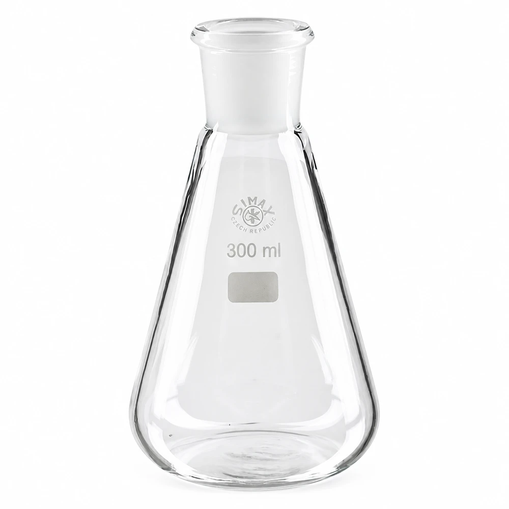 Erlenmeyer-pullo 300ml, valmistettu borosilikaattilasista, jossa on vakiohiottu liitos 29/32 laboratoriosovelluksiin.