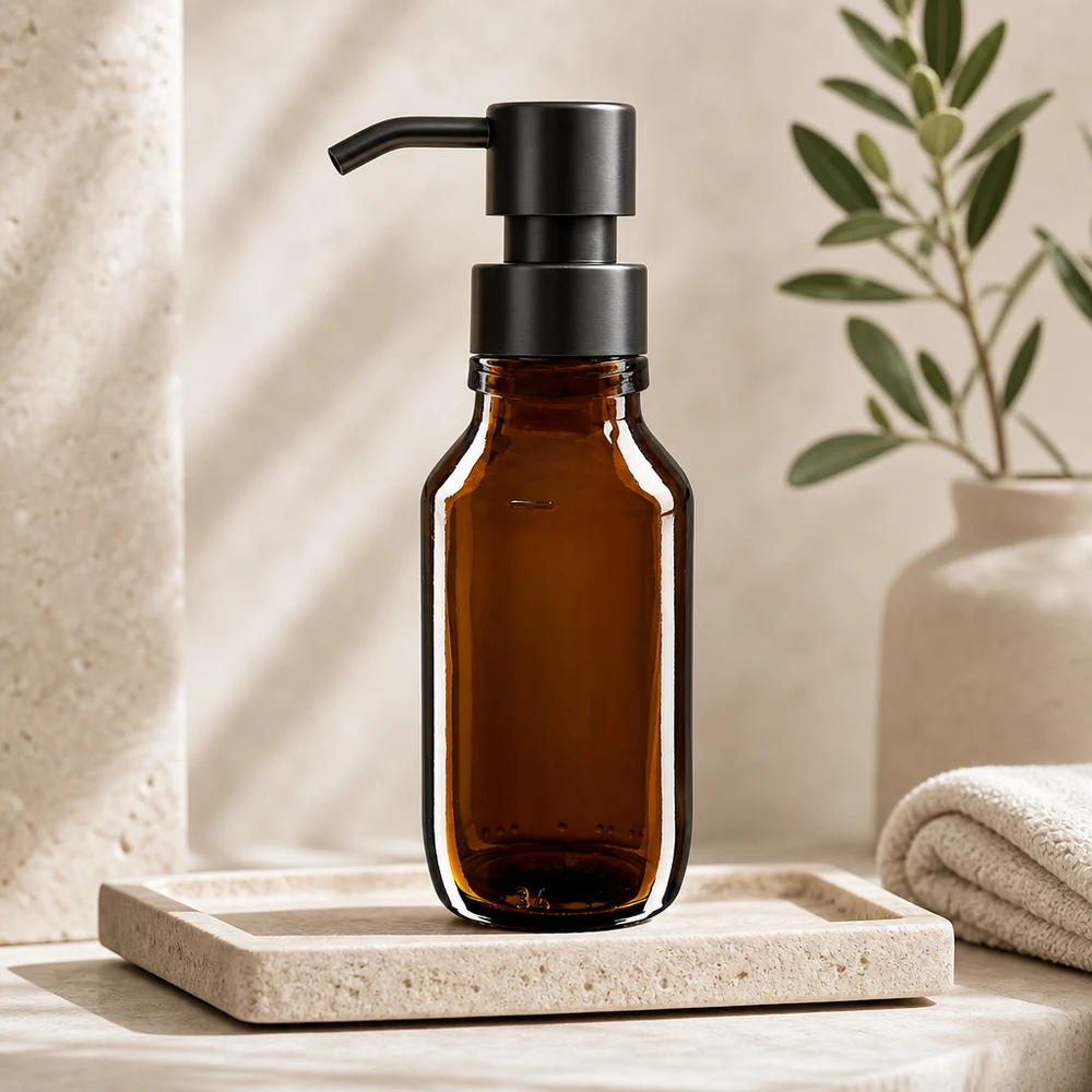 50ml lääkepullo ruskea, ilman korkkia PP28 ApoGlas Ruskea lasipullo 50ml mustalla pumppuannostelijalla kosmetiikkaan ja ihonhoitoon ApoGlas PP28
