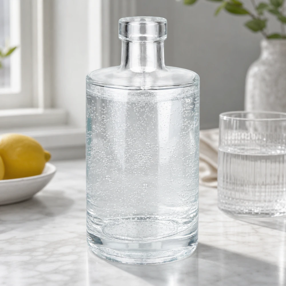 350ml Glasflasche Marie mit Sprudelwasser gefüllt neben Zitrone und Glas stilvolle Tischszene Bild 9 von 10