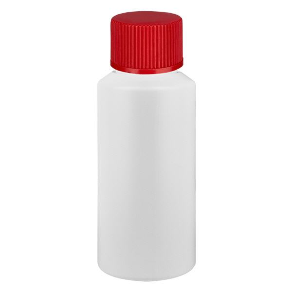 Apteekkipullo HDPE 30ml valkoinen, punaisella ruuvikorkilla varustettu Apteekkipullo HDPE 30ml valkoinen, punaisella ruuvikorkilla varustettu