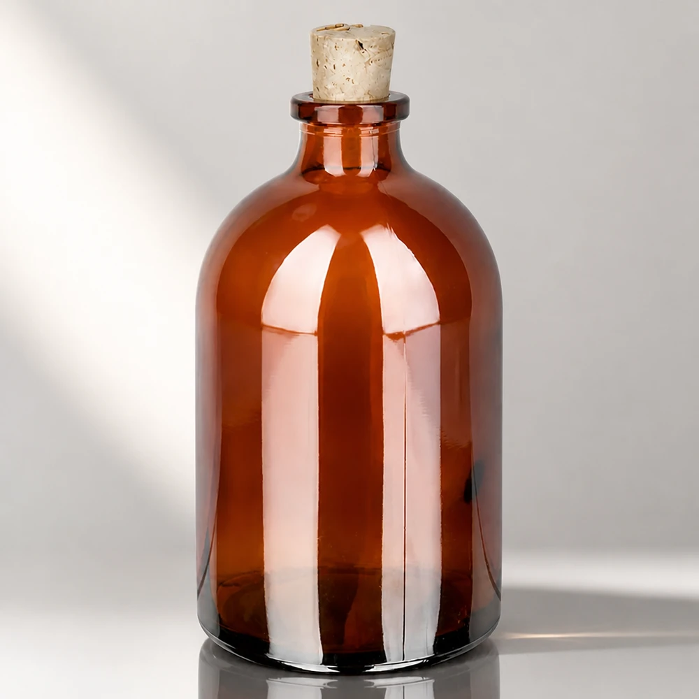 Meripihkanvärinen lasipullo 100ml korkilla 11/14mm Klassische Medizinflasche 100ml in Braunglas mit zylindrischem Korpus und Naturkorken 11/14mm