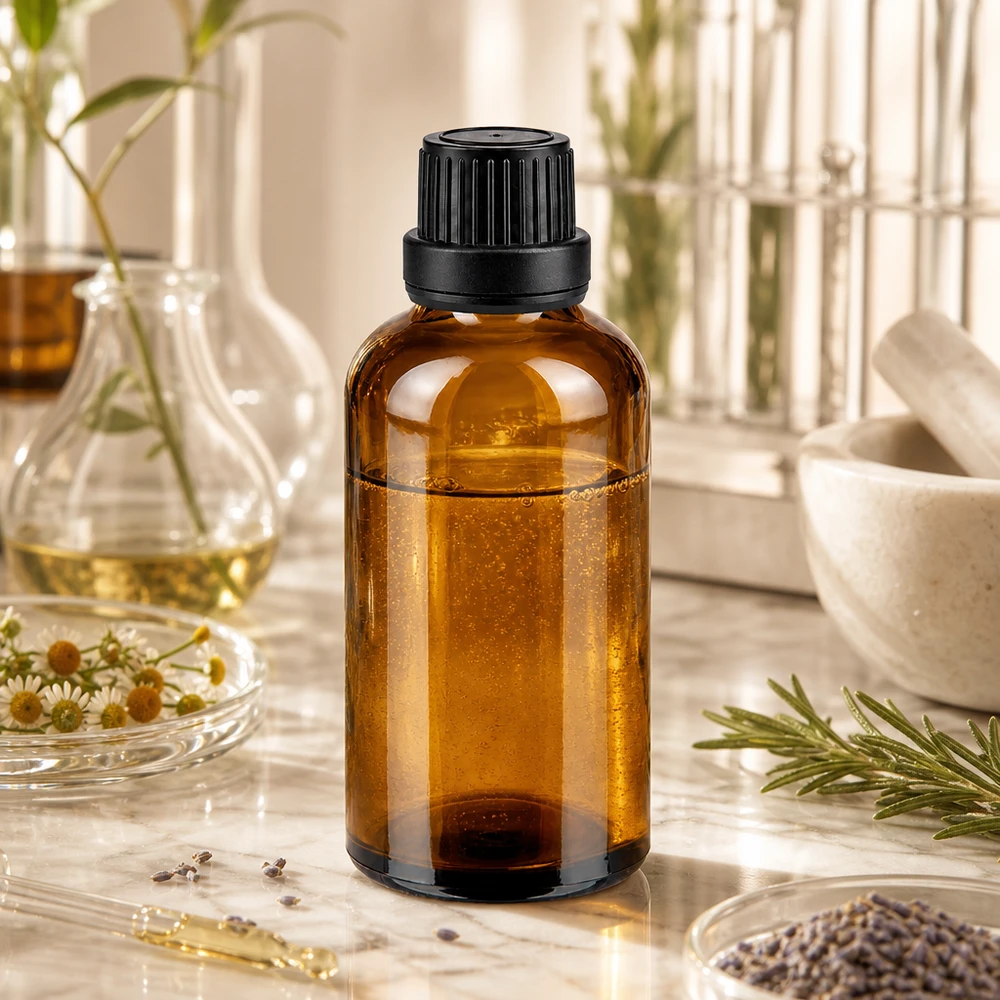 Apteekkipullo ruskea 50ml ruuvikorkki musta tiiviste sisus tamper evident sulkeminen Ruskea 50 ml:n lasipullo, jossa on musta kierrekorkki, rosmariinin, kamomillan ja laventelin vieressä marmorilla