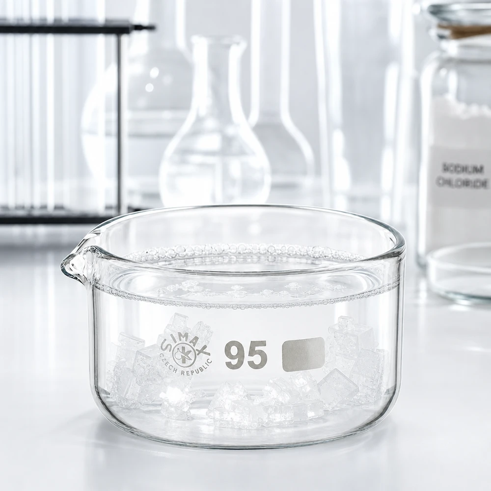 300ml kiteytysastia borosilikaattikannulla ø95mm Litteä lasikulho, 300 ml, täytetty suolakiteillä, laboratoriokäyttöön, halkaisija 95 mm