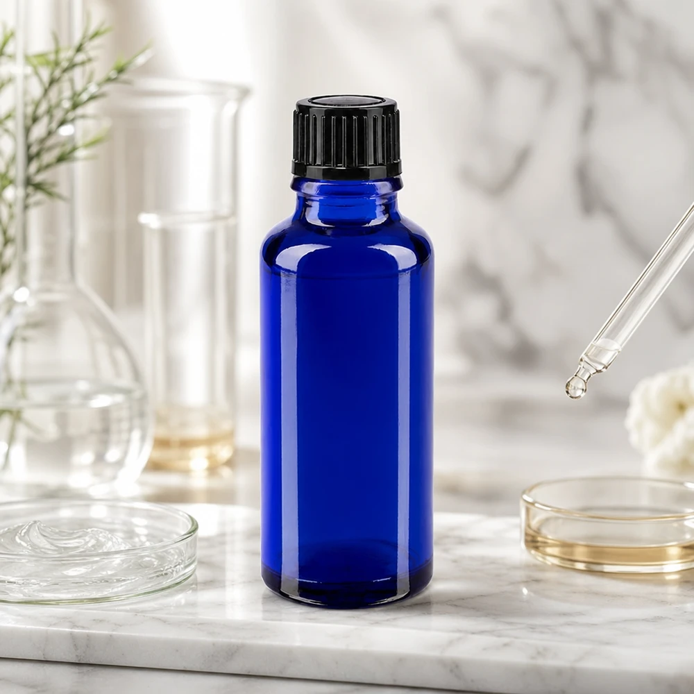 Apteekkipullo sininen 30ml tippapullon korkki 1mm musta standardi Hoikka 30 ml:n tiputuspullo koboltinsinisestä apteekkilasista, jossa on musta kierrekorkki, marmoritaustalla
