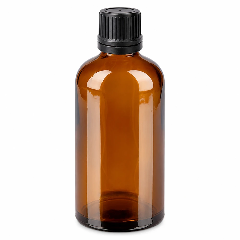 100ml tippapullo 1mm musta tamper-evident korkki BrownLine UT18/100 100ml ruskea lasinen tippapullo mustalla korkilla eteerisiä öljyjä ja tinktuureja varten.