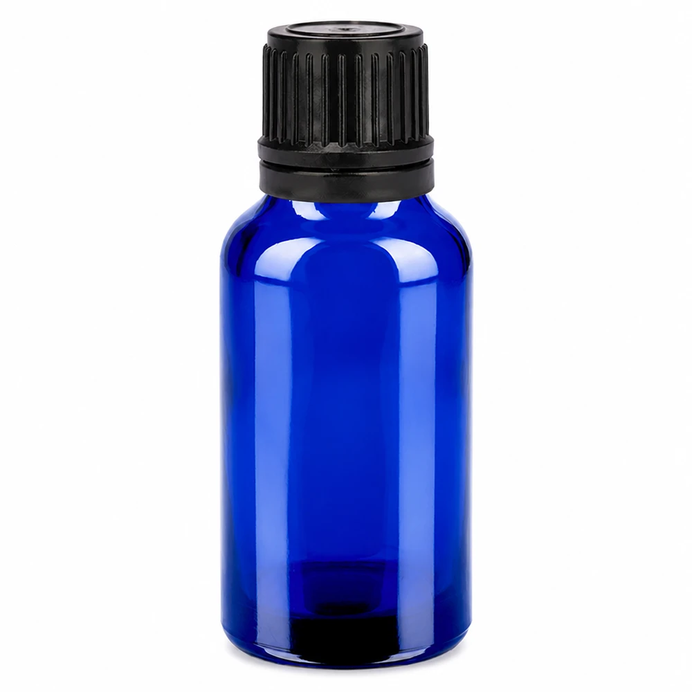 Sininen lasipullo 20ml mustalla kierrekorkilla eteerisille öljyille ja aromaterapialle.