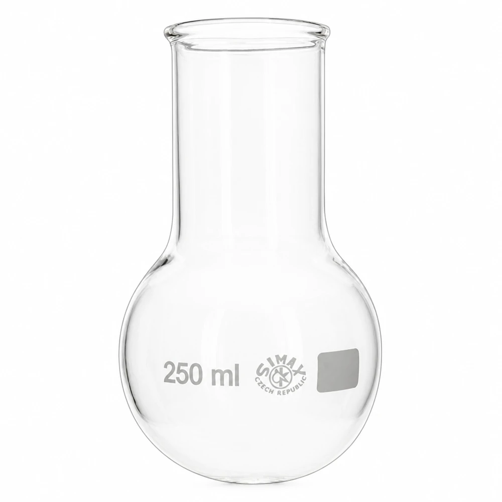 Pyöreä pohjapullo 250ml leveä kaula, valmistettu borosilikaattilasista laboratoriotekniikkaan ja kemiallisiin kokeisiin.