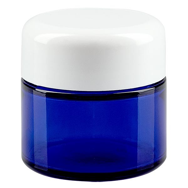 50ml lasipurkki. kuninkaansininen, valkoisella bakeliittikannella ApoGlas 50ml lasipurkki. kuninkaansininen, valkoisella bakeliittikannella ApoGlas