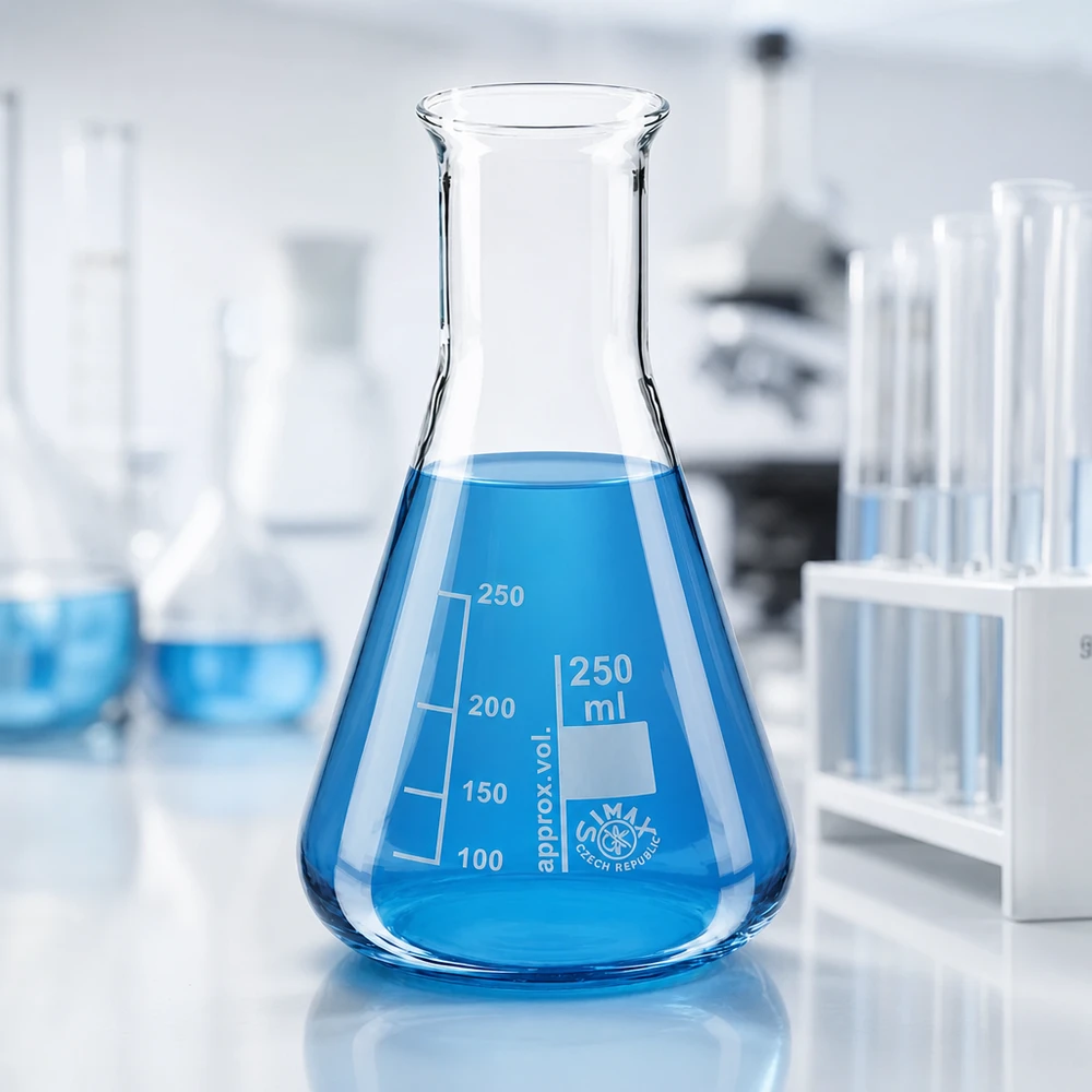 Erlenmeyer-pullo 250ml, lämpöä kestävää lasia, jossa on tarkat millilitramerkinnät.