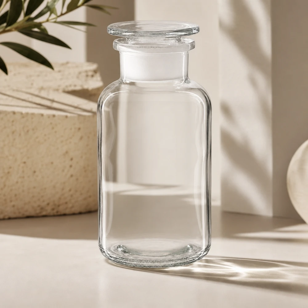 Borosilikaattilasinen leveäkaulainen pullo, 500 ml, hiottu lasitulppa, suljettavissa ilmatiiviisti