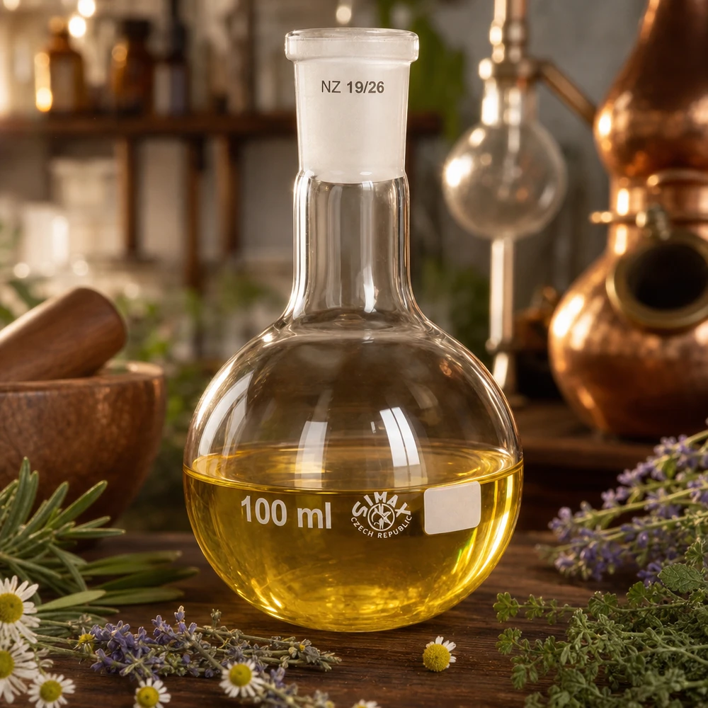 100ml lantiopullo, jossa on vakiohiottu liitos (19/26). Lantiopullo keltaisella liuoksella 100ml tilavuus - korkealaatuiset laboratoriotarvikkeet, joissa on 19/26 standardin mukainen hiottu liitos.