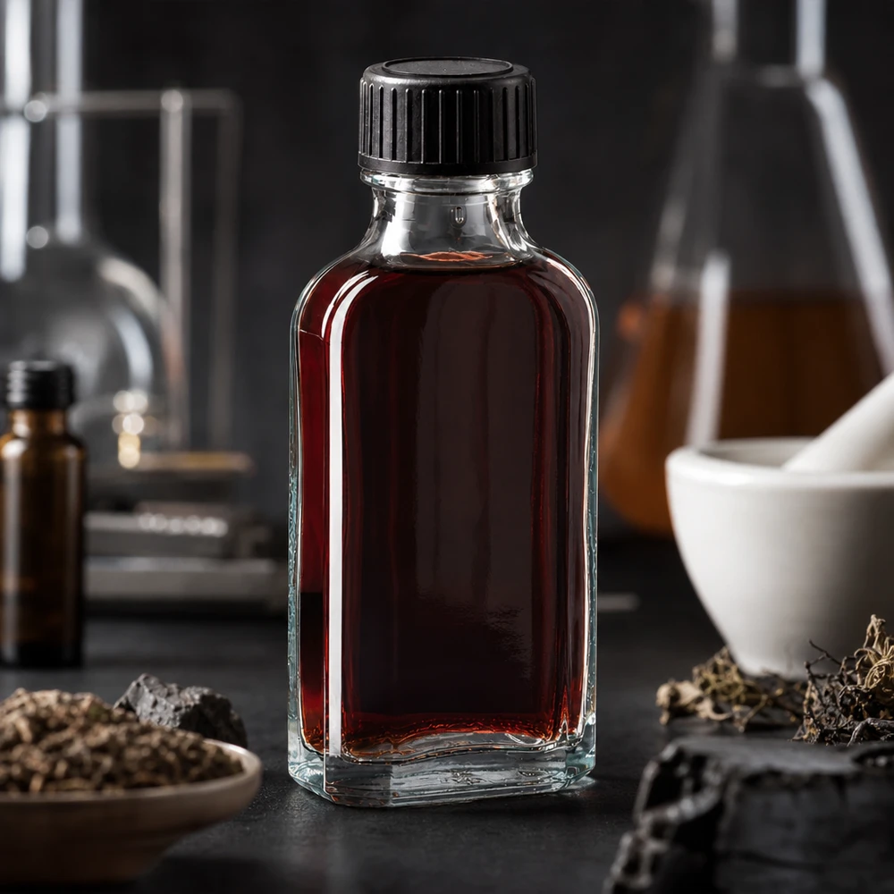 50 ml Meplat-kirkas kierrekorkki, jossa on EPE-sulkukiekko. Läpinäkyvä 50 ml:n Meplat-lasipullo, jossa on punaista sisältöä ja EPE-tiivistekiekko, laboratoriokäytössä