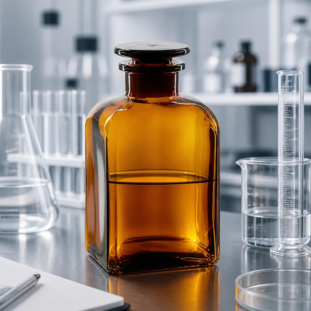 Nelikulmainen pullo 500ml ruskea leveäkaulainen lasitulppa Leveäkaulainen laboratoriopullo, 500 ml, ruskea, nelikulmainen, lasitulpalla varustettu, laboratoriolaitteiden ympäröimä