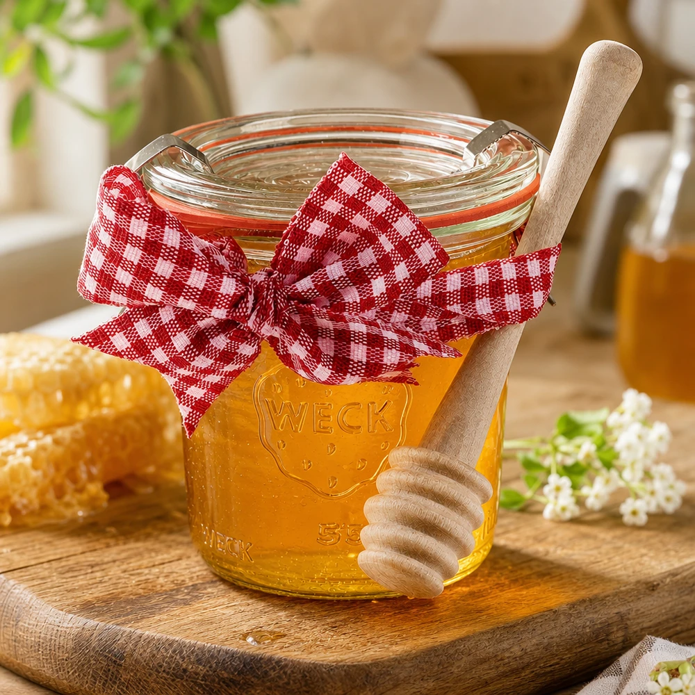 WECK mini tulppaanipurkki 140ml, jossa on hunajalusikka. WECK minipurkki 140ml täynnä hunajaa punainen Vichy check rusetti puinen hunaja lusikka hunajakenno maalaistalon tyyliin