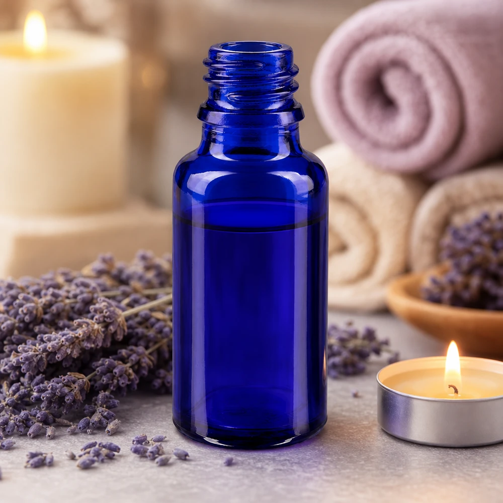 Sininen lasipullo 20ml ApoGlas, jossa on kierteitetty kaula eteerisiä öljyjä ja aromaterapiaa varten.
