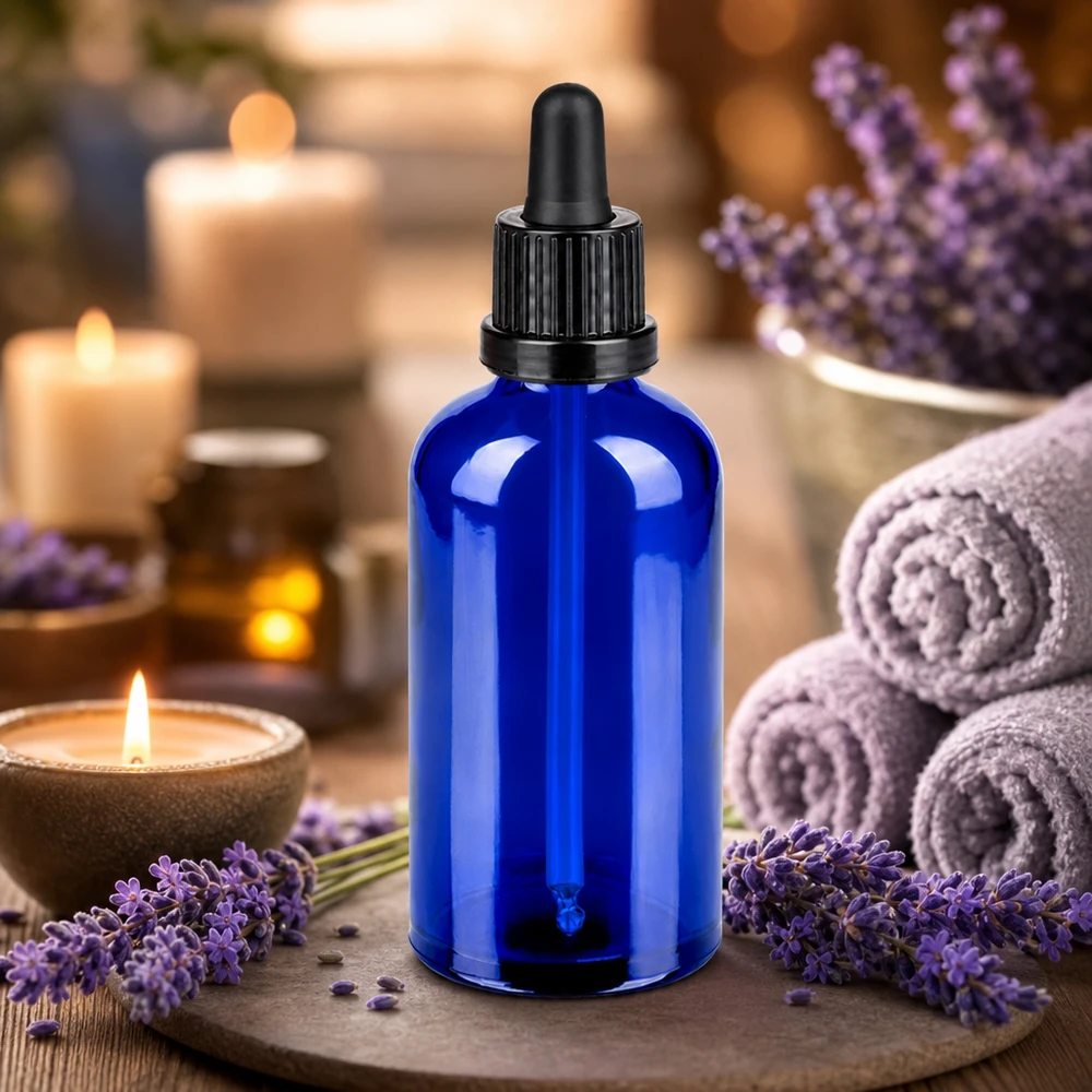 100ml pipettipullo mustalla korkilla ja tiputtimella eteerisiä öljyjä ja aromaterapiaa varten.