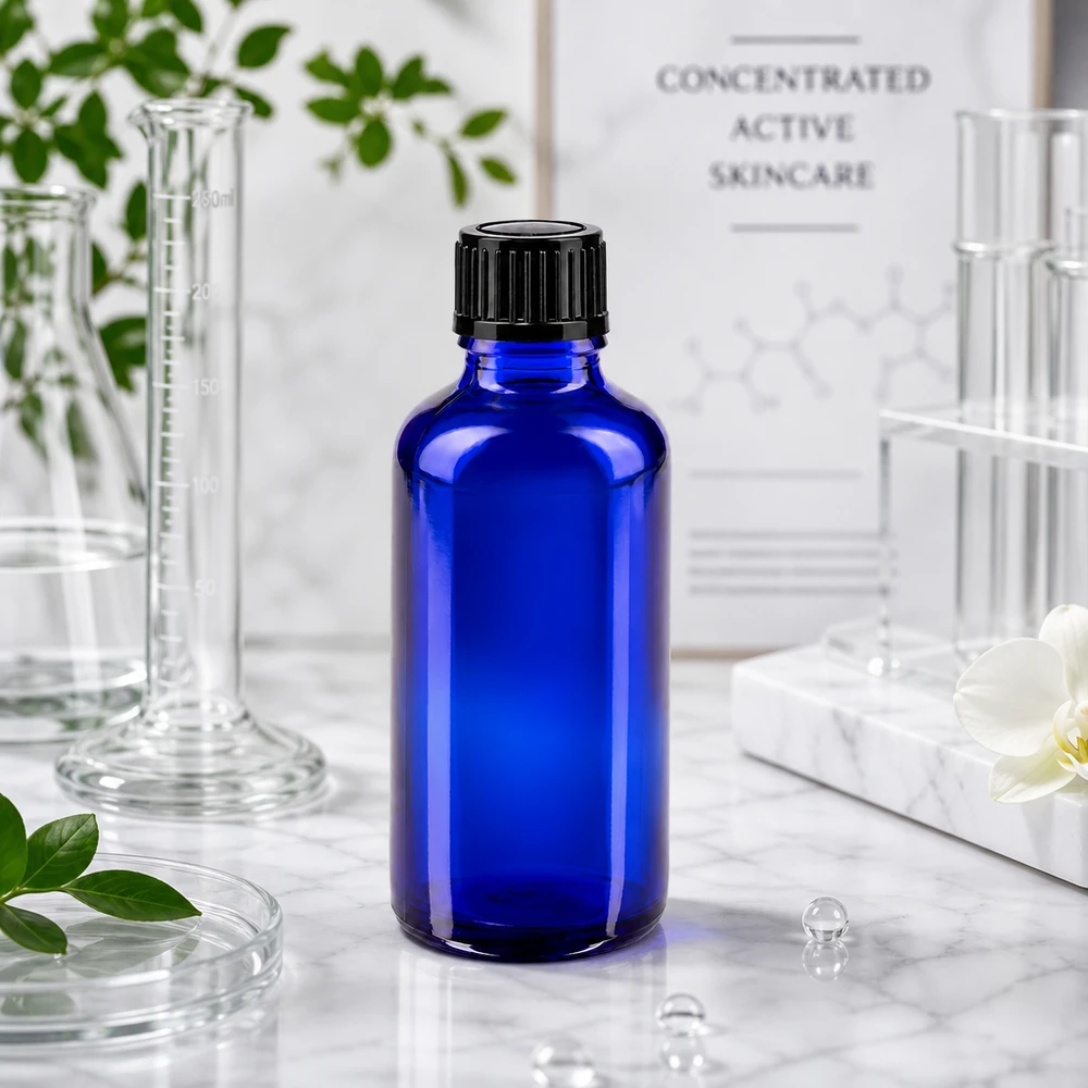 Apteekkipullo sininen 50ml kierrekorkki musta standardi Sininen 50 ml:n apteekkipullo, jossa on musta tippakorkki, laboratorioympäristössä lasipullon kanssa