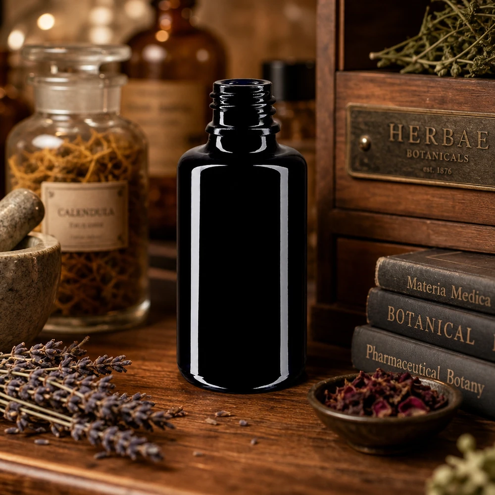 Violetti lasipullo 30ml DIN 18 (Mironglas). 30ml Orion tippapullo, joka on valmistettu kestävästä Miron violetista lasista yrttiesansseille ja luonnonlääkkeille.