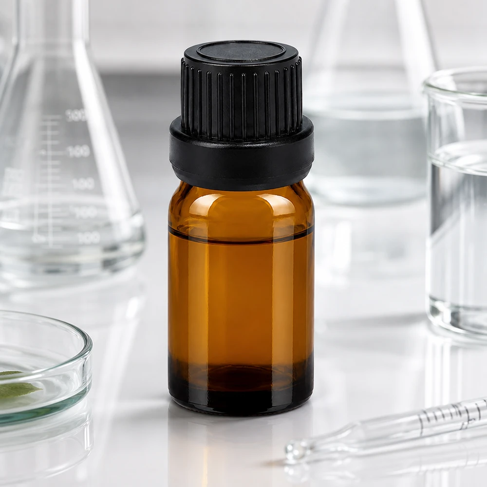 5ml tippapullo 2mm musta peukaloinnin estävä korkki BrownLine UT18/5 Ammattikäyttöön tarkoitettu 5 ml:n laboratoriopullo, joka on valmistettu meripihkalasista ja jossa on musta OV-korkki laboratoriosovelluksiin.
