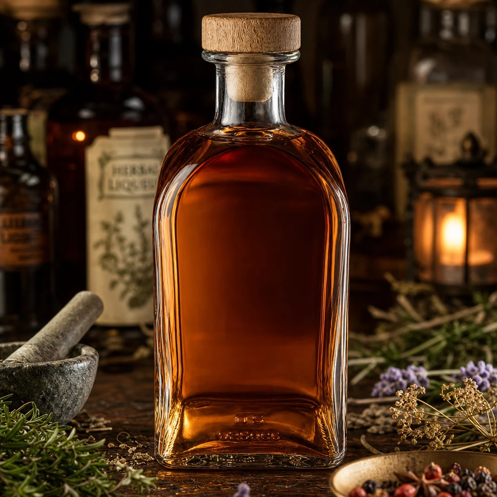 500ml Glasflasche "Julia" mit Holzgriff-Korken UNiTWIST 500ml Julia-lasipullo, jossa on puukorkki, joka on täytetty yrttiliköörillä vanhassa apteekissa laastin ja lääkekasvien välissä.