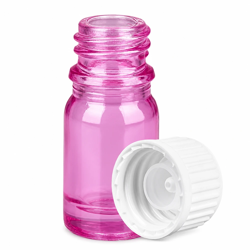 Pieni 5ml lasipullo vaaleanpunainen-vaaleanpunainen kierteellä ja valkoisella korkilla aromaterapiaan ja hajuvesiin.