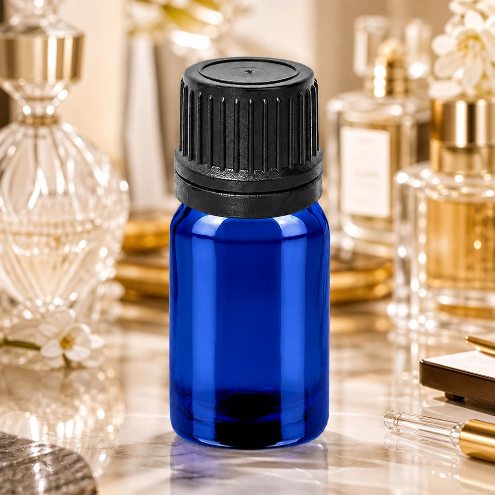 5ml tippapullo 1mm musta väärentämisen estävä korkki BlueLine UT18/5 BlueLine UT18/5 Pieni 5ml tippapullo sinisestä lasista mustalla kierrekorkilla kosmetiikkaan ja aromaterapiaan.