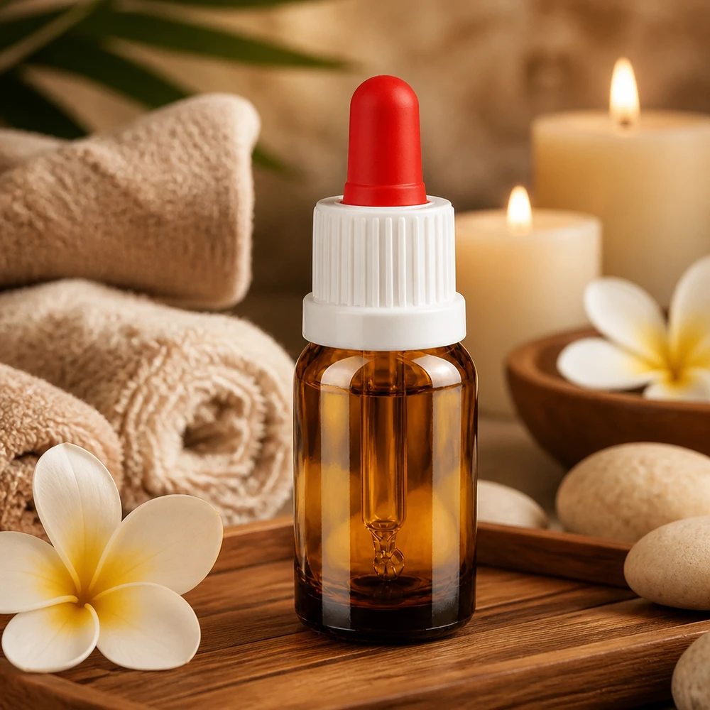Pieni 10 ml:n pipettipullo ruskeasta lasista, ihanteellinen kosmetiikkaan ja aromaterapiaan.