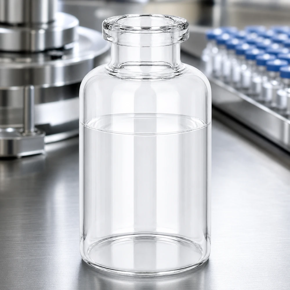 Medizinische Injektionsflasche Klarglas 30ml neben befüllten Blaukapsel-Vials in Produktionsanlage
