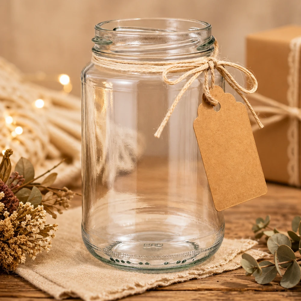 375ml pyöreä purkki ilman kantta (TO63) UNiTWIST UNiTWIST UNiTWIST Runda375 pyöreä lasi 375ml TO63, jossa on voimapaperilappu lahjapakkauksena maalaismaisessa koristeellisessa maisemassa.