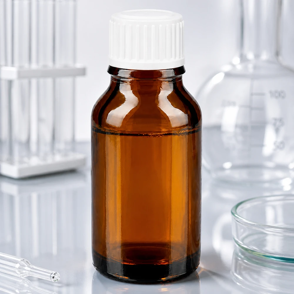 Pieni ruskea 30 ml:n lääkepullo, jossa on valkoinen vakiokorkki, laboratorioympäristössä