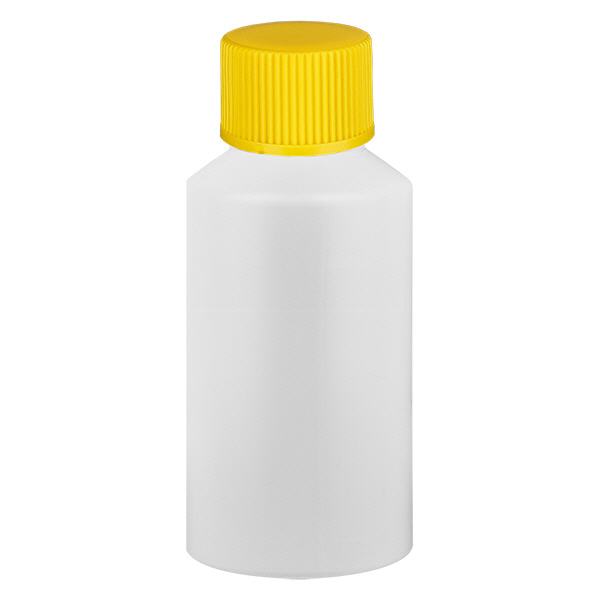 Apteekkipullo HDPE 50ml valkoinen, keltaisella ruuvikorkilla varustettu Apteekkipullo HDPE 50ml valkoinen, keltaisella ruuvikorkilla varustettu