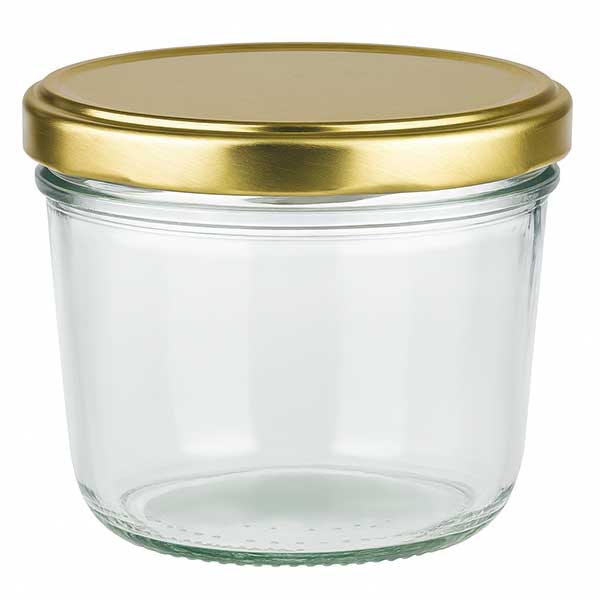 230 ml:n juomapullot, joissa on BasicSeal-kansi kultainen UNiTWIST. 230ml muuripurkki kultaisella BasicSeal-kannella UNiTWIST - tyhjä muuripurkki, jossa on lasinen kierrekorkki.