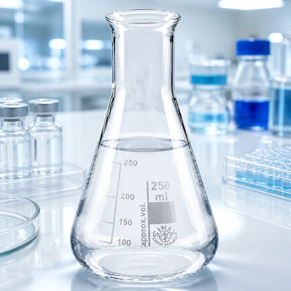 Erlenmeyer-pullo 250ml kapeakaulainen pullo 250 ml:n laboratoriopullo, jossa on kapea kaula ja nokka nesteiden helppoa dekantointia varten.