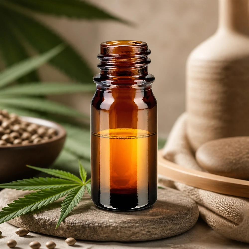 5ml ruskea apteekkipullo ApoGlas, jossa on kannabiksen lehtiä hampunsiemeniä ja bambu koristelu CBD-öljylle