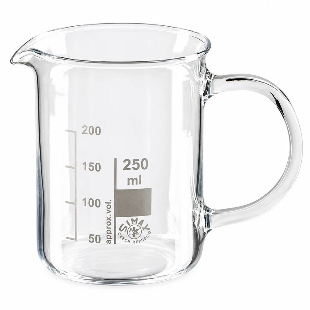 250 ml:n borosilikaattilasinen mitta-astia, jossa on kahva ja millilitra-asteikko valkoisella taustalla