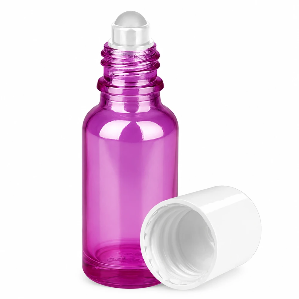 20ml roll-on-pullo valkoinen vakio PurpleLine UT18/20 PurpleLine UT18/20 Violetti 20ml roll-on lasipullo, jossa on metallinen palloapplikaattori öljyjen tarkkaa levittämistä varten.