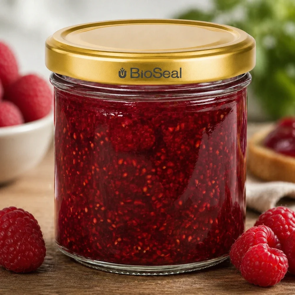 BioSeal 200g hillopurkki täynnä vadelmahilloa, jota ympäröivät tuoreet vadelmat puupohjalla.