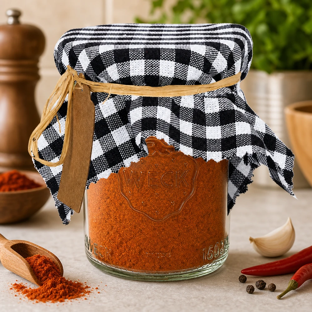 Mustavalkoinen ruutupeitto ja paprika mauste säilöntätölkissä Keittiön koristelu chilillä ja valkosipulilla 15cm neliö 15cm neliö