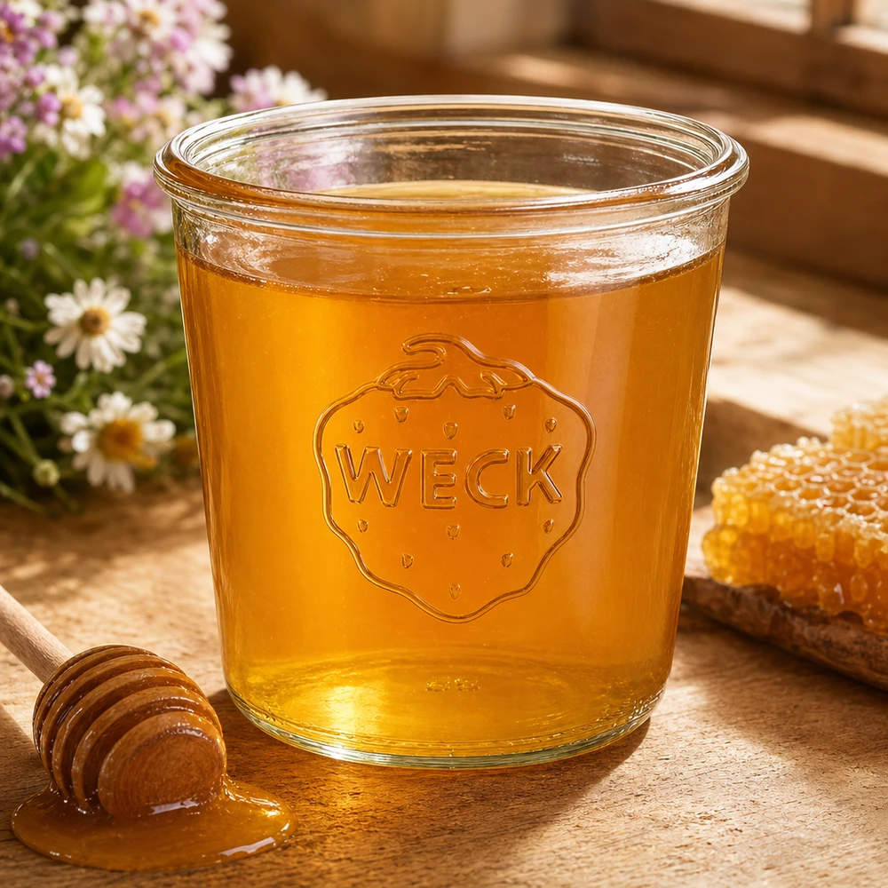 580ml juomalasit WECK RR100 Weck-purkki 580ml RR100 täynnä hunajaa puupöydällä, jossa on hunajalusikka ja hunajakennosäilykepurkki.