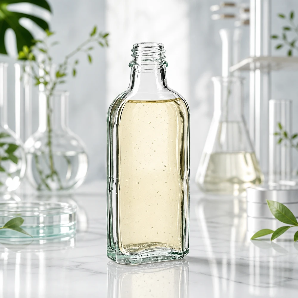 100 ml Meplat-pullo kirkas DIN22 Täytetty 100 ml:n Meplat-pullo, jossa on keltahko neste ja DIN22-kierre, laboratorioympäristössä