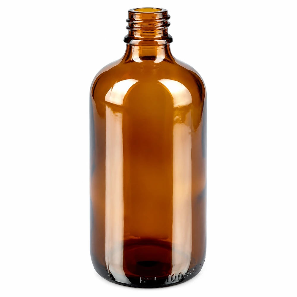 Ruskea 100ml lasipullo, jossa on kierteitetty kaula UT18 eteerisille öljyille ja tinktuureille.
