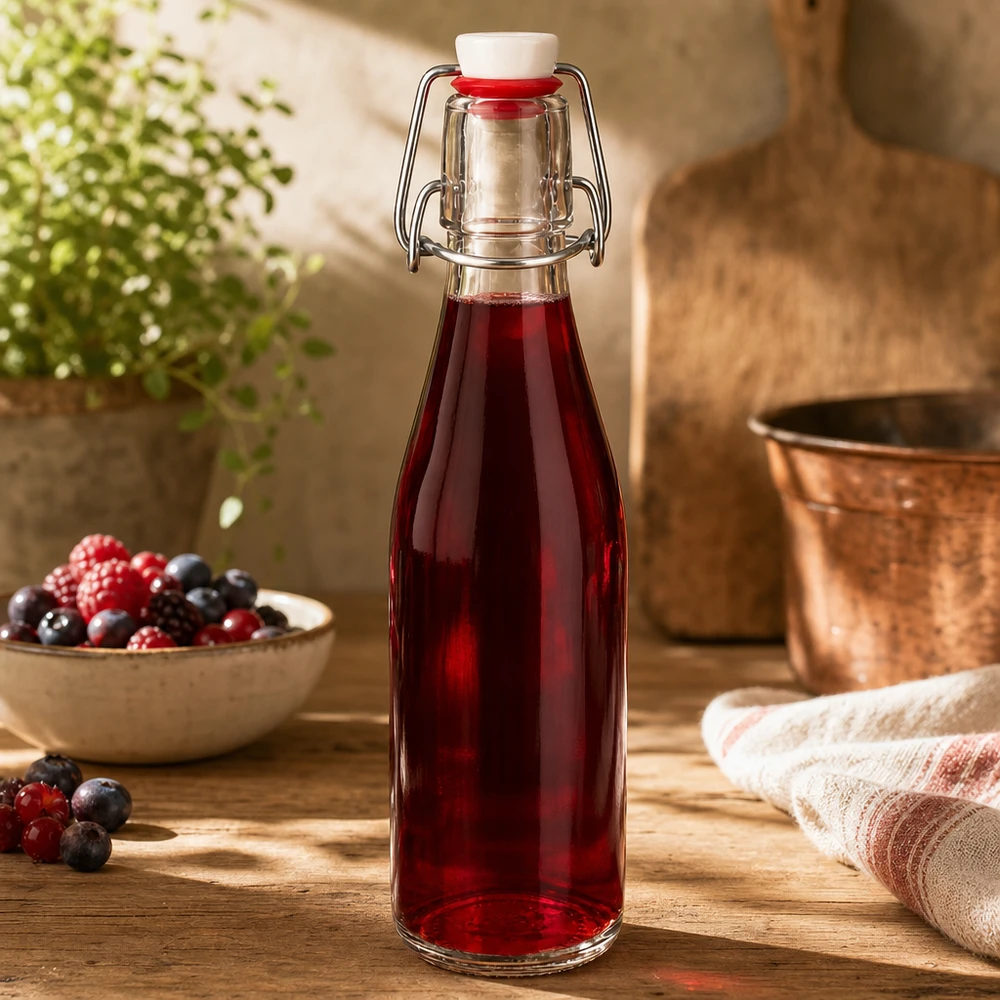 250ml lasipullo + keinuposliini UNiTWIST UNiTWIST 250ml Glasflasche mit Bügelverschluss gefüllt mit rotem Beerensaft, dekoriert mit frischen Beeren in rustikaler Küche