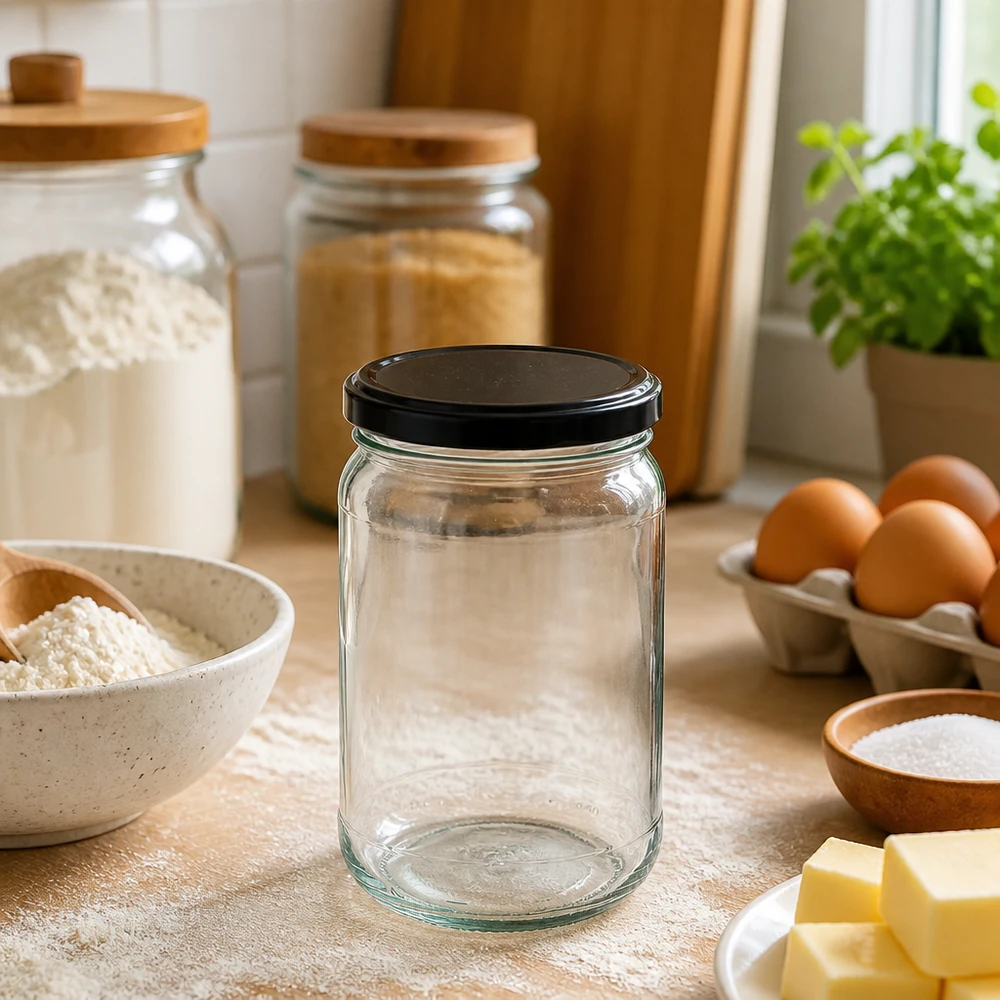 305ml pyöreä purkki, jossa on BasicSeal-kansi musta UNiTWIST. 305ml Rundglas UNiTWIST mit schwarzem Deckel in stylischer Küche zwischen Backzutaten und Küchenuntensilien