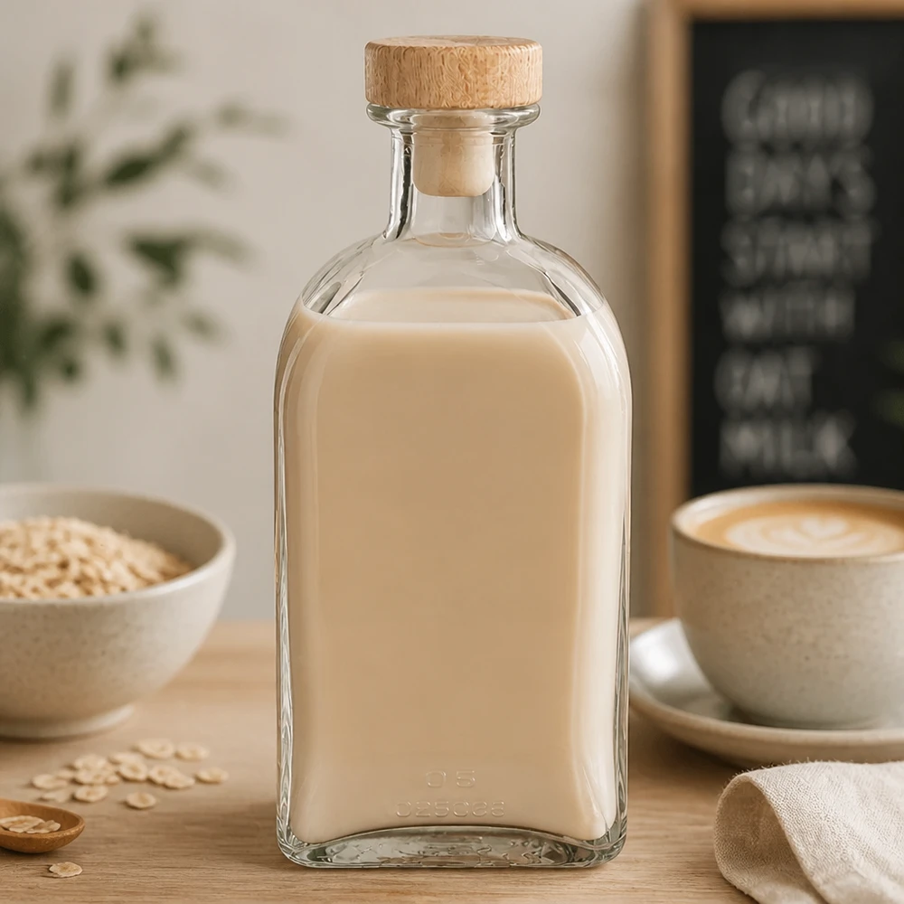 500ml Julia-lasipullo, jossa on puukorkki ja joka on täytetty kauramaidolla, keittiössä kahvikupin ja kaurahiutaleiden vieressä.