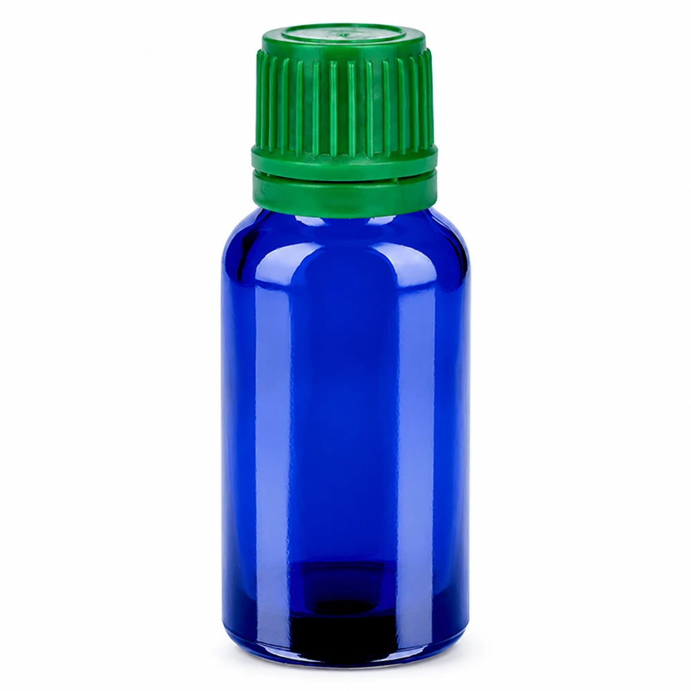 20ml sininen lasipullo vihreällä kierrekorkilla eteerisille öljyille ja kosmetiikalle.