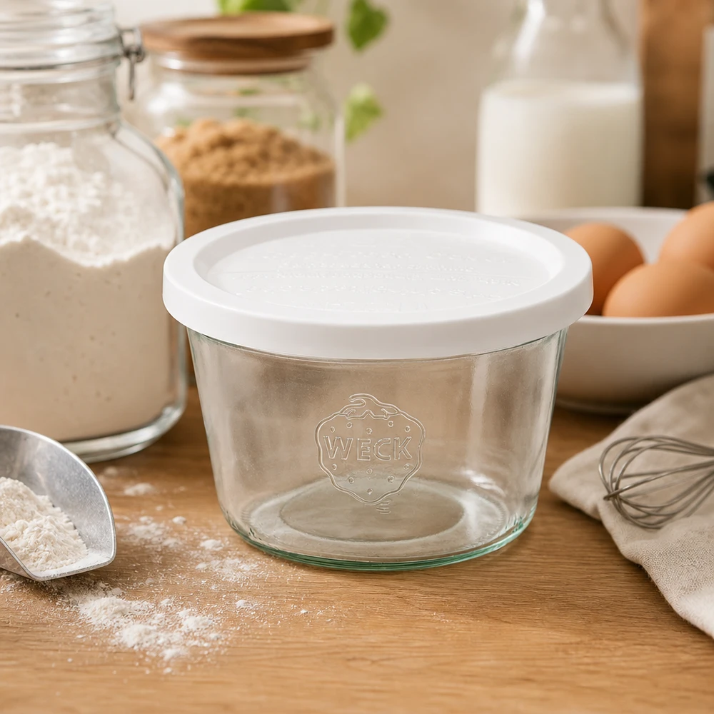 370 ml:n lasipurkki, jossa on tuoreuskansi, WECK RR100 WECK 370ml RR100 muuripurkki, jossa on tuoreuskansi leivontaan keittiössä jauhojen, munien, maidon ja keittiövälineiden välissä.