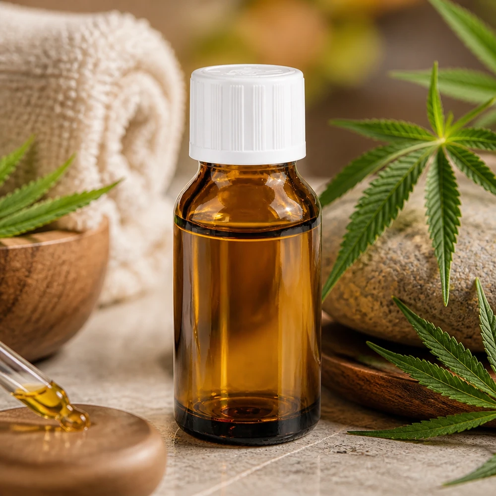 Apteekkipullo ruskea 30ml tippapullo valkoinen lapsiturvallinen korkki standardi CBD-öljyä meripihkavärisessä 30 ml:n tiputuspullossa, jossa on valkoinen lapsiturvallinen korkki ja kannabiksen lehtiä